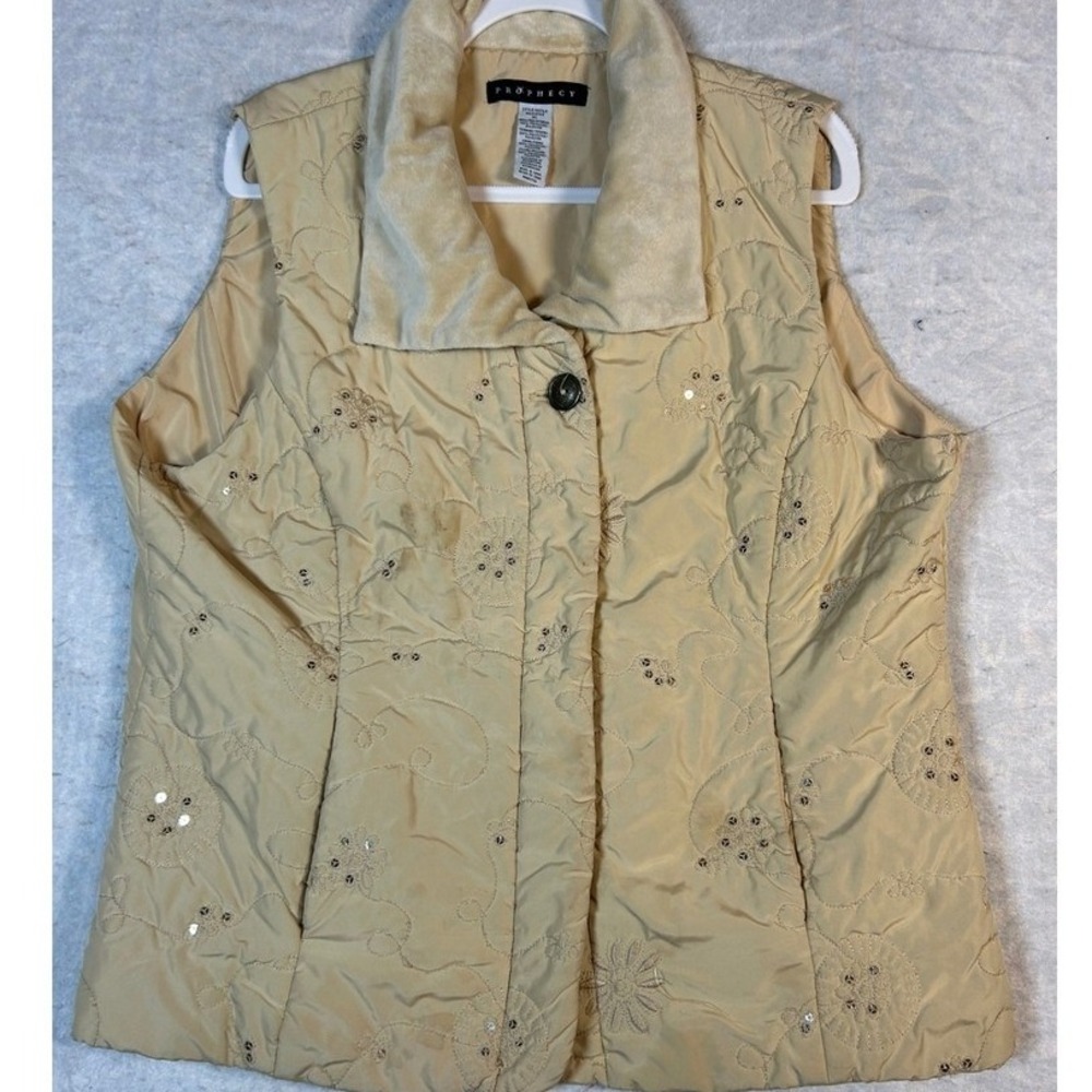 Prophecy Womens Beige Quilted Vest‎ with Sequins and Embroidery XL